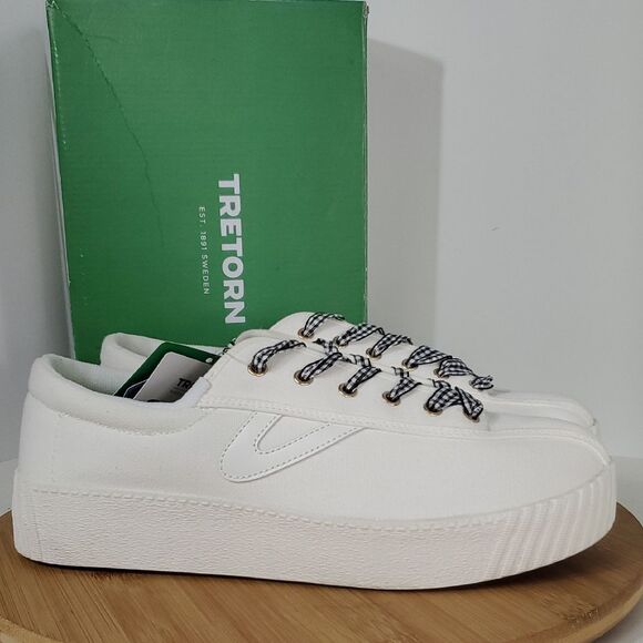 Tretorn NY Lite Bold White Canvas Platform Sneakers Gingham Ribbon Laces W10 - Picture 1 of 10